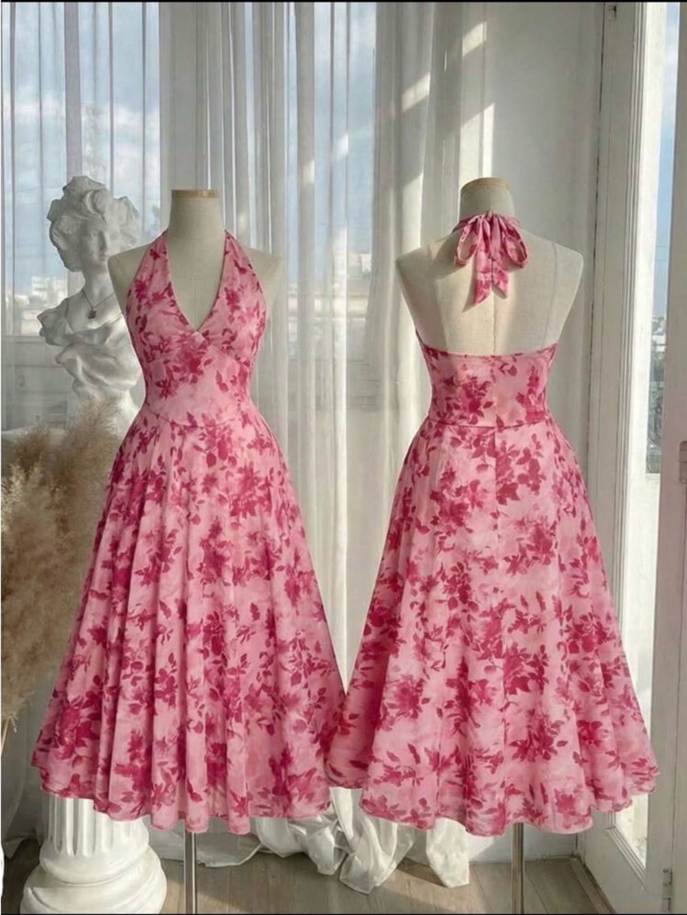 SHEIN Pink Floral Halter Tie-Back Midi Dress